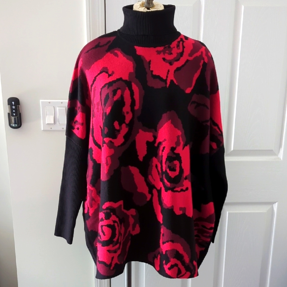 Floral Black and Red Women's Sweater